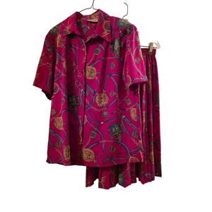 Vtg 80s Equestrian Print Two Piece Pleated Skirt Set 14 Pink Gold Shoulder Pads